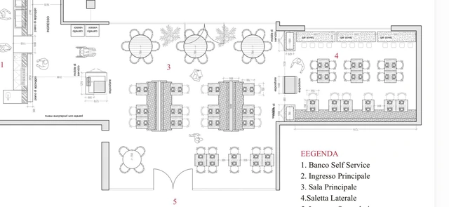 Grundriss eines Gastraums mit Sitzplanung und Legende