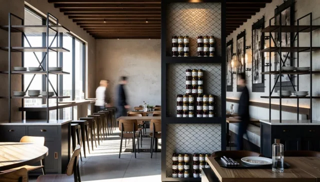 Restaurantinterieur mit zentralem Flaschenregal, Holzlamellen und offenen Metallregalen
