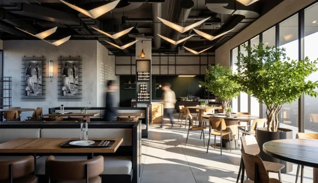 Helles Restaurantinterieur mit großen Fenstern, bepflanzten Bereichen und skulpturalen Deckenleuchten