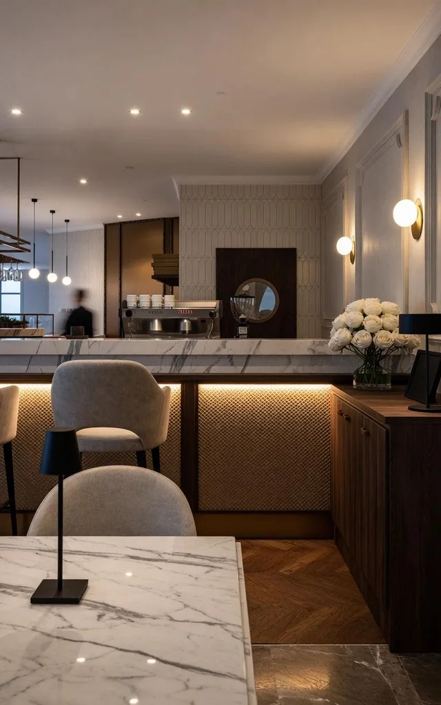 Blick über einen Marmortisch auf die beleuchtete Restaurantbar