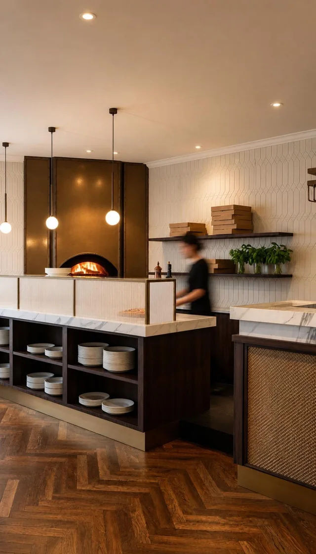 Restaurantansicht mit Pizzaofen, offenem Servicebereich und Fischgrätparkett
