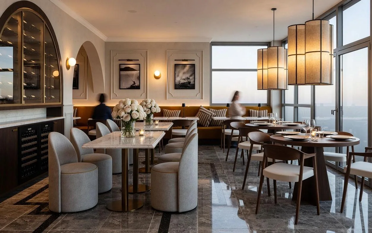 Restaurantinterieur mit hellen Polstersesseln, Marmorboden und warmen Pendelleuchten